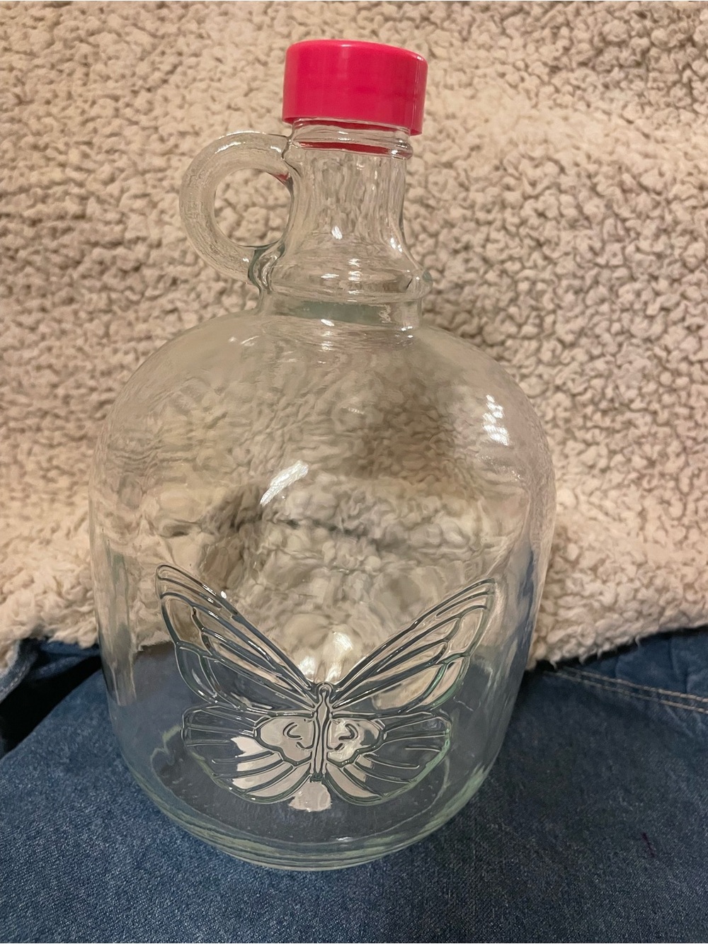 Dolly Parton Clear Glass Butterfly Decanter/jug with Pink Cap. 64 ounce growler